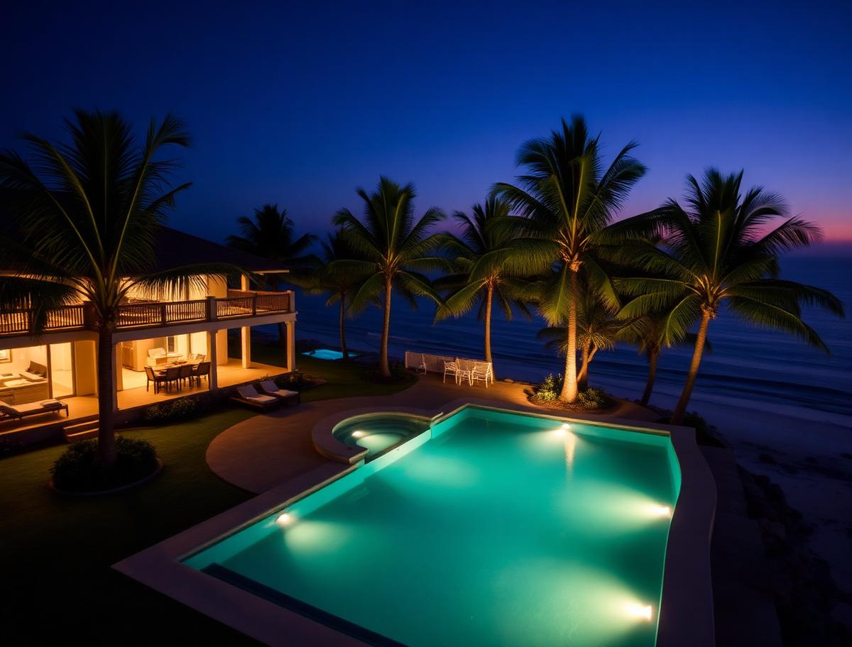 Beachfront villa with lit pool at night