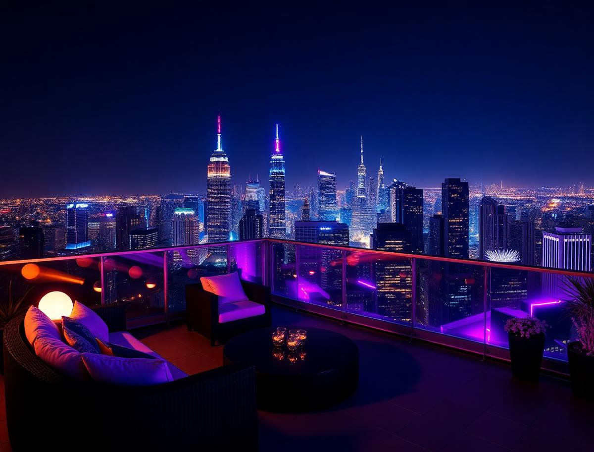 Penthouse terrace overlooking a glowing city skyline