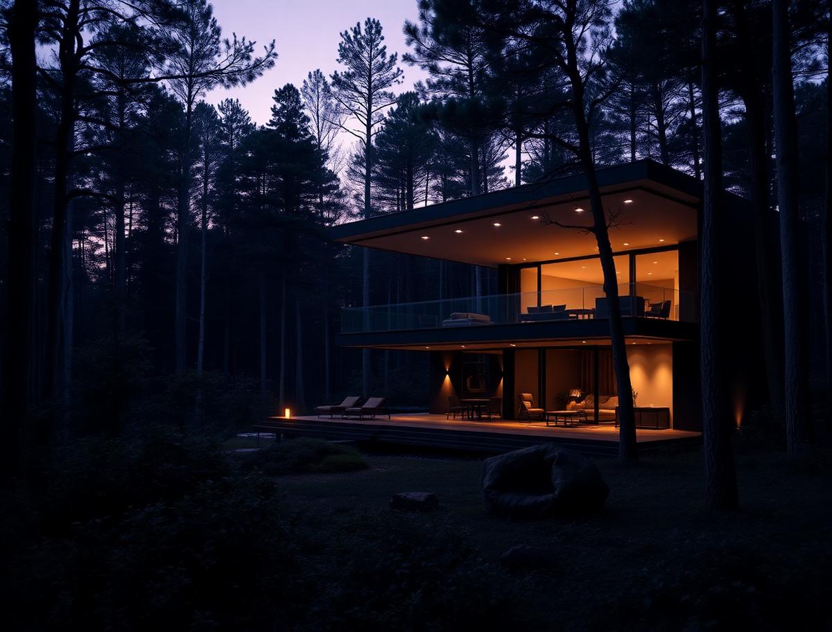 Glass forest villa lit at dusk