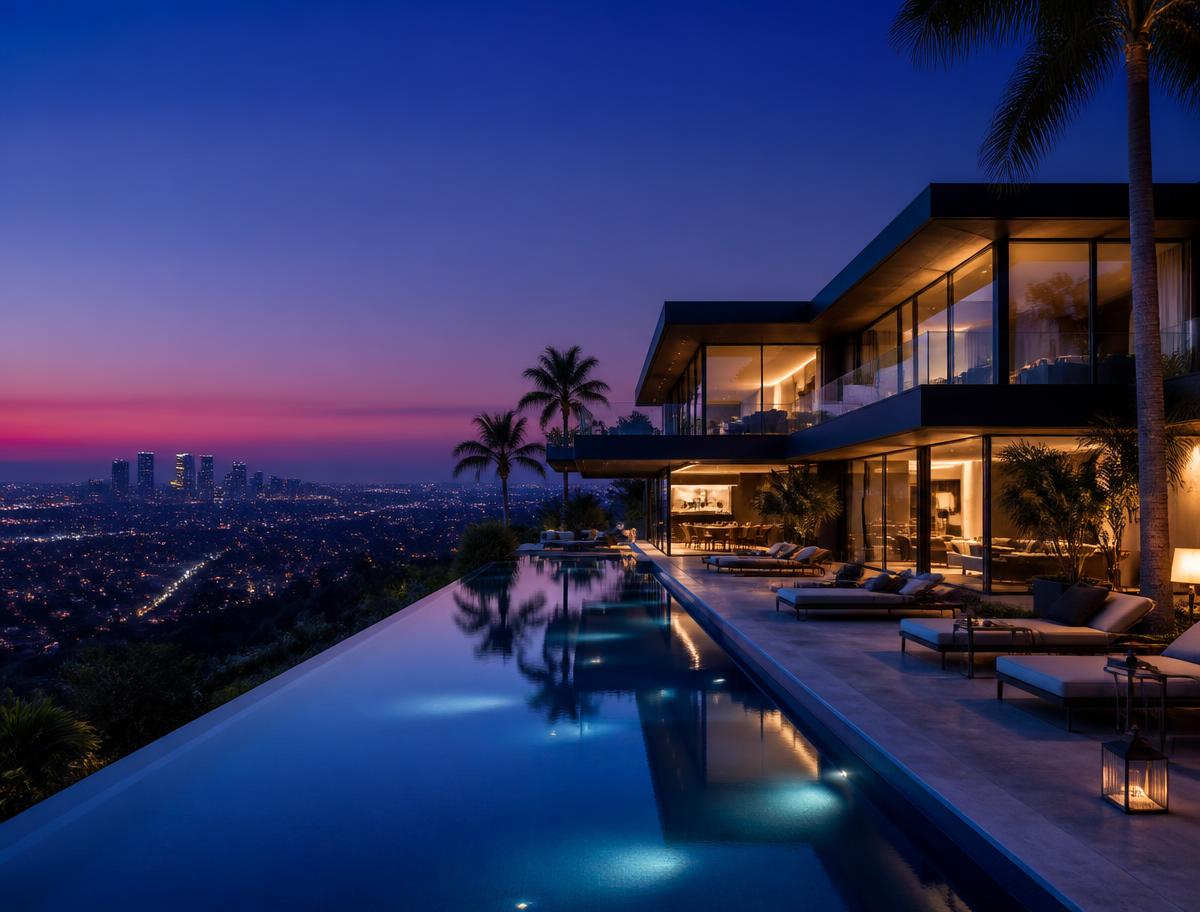 Modern luxury villa with infinity pool at dusk